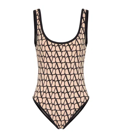 Valentino Iconographe Lycra Scoop Neck One-piece Swimsuit In Beige