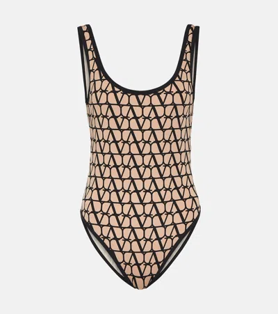 Valentino Iconographe Lycra Scoop Neck One-piece Swimsuit In Beige