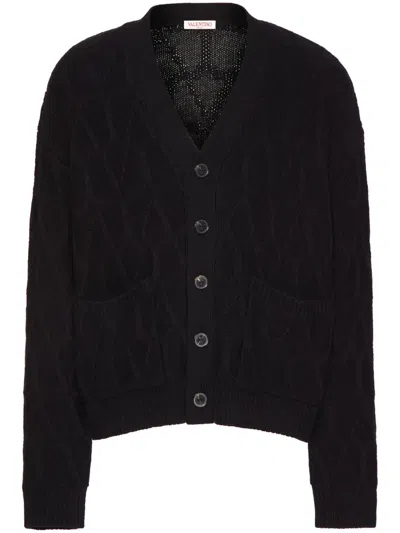 Valentino Textured Wool Cardigan With Embroidered Motif In Navy