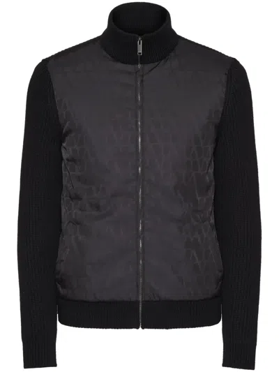 Valentino Wool Knit Jacket With Toile Iconographe Nylon Jacquard Front Panel In Black