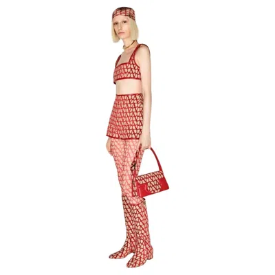 Pre-owned Valentino Toile Logo Iconographe Tights Red & Beige S/m Sold Out!