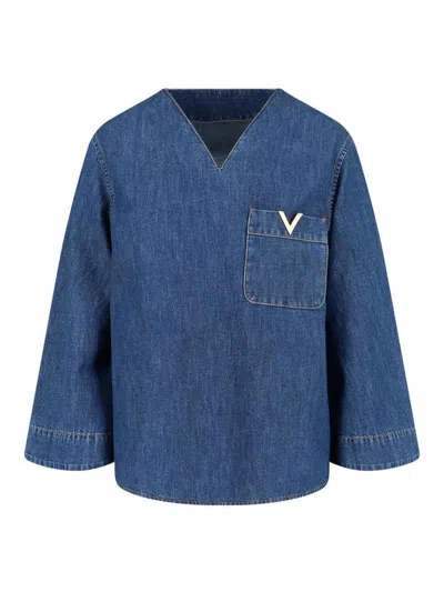 Valentino Denim Chambray Shirt With V Gold In Black