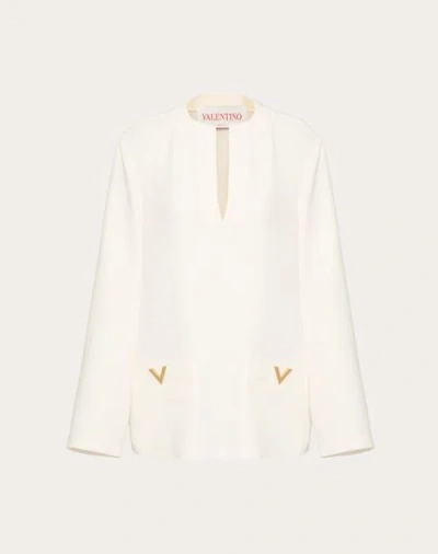 Valentino Chic Crepe Blouse With Kaftan Neckline And Gold Detailing In White