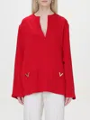 Valentino V-neck Oversized Silk Top With Logo Hardware In Red