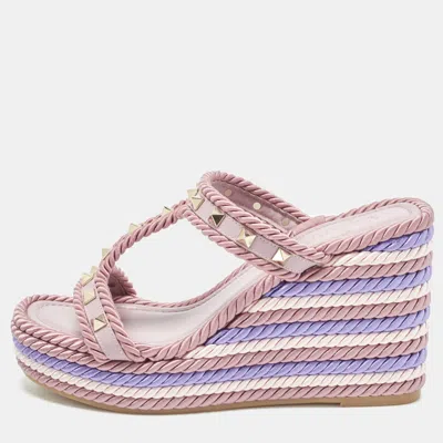 Pre-owned Valentino Garavani Torchon Size 37 Pink Leather And Rope Wedge Slide Sandals