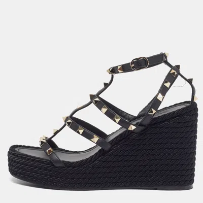 Pre-owned Valentino Garavani Torchon Size 38 Black Leather Wedge Sandals