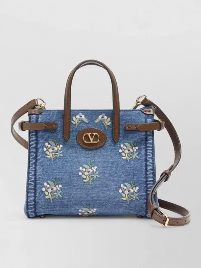 Valentino Garavani Antibes Small Floral-embroidered Denim Tote Bag In Multi
