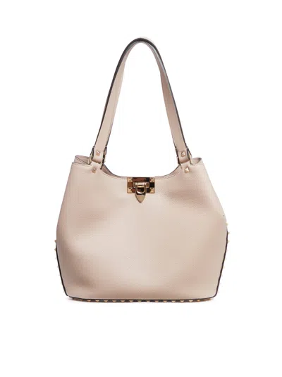 Valentino Garavani Tote Rockstud Vitello Small In Neutral