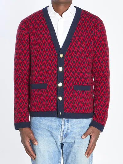 Valentino Toute La V Jacquard Wool Cardigan In Red