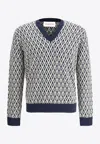Valentino Wool Jumper With Toute La V Jacquard Pattern In Navy