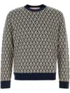 Valentino Crewneck Wool Jumper With Toute La V Jacquard Pattern In Blue