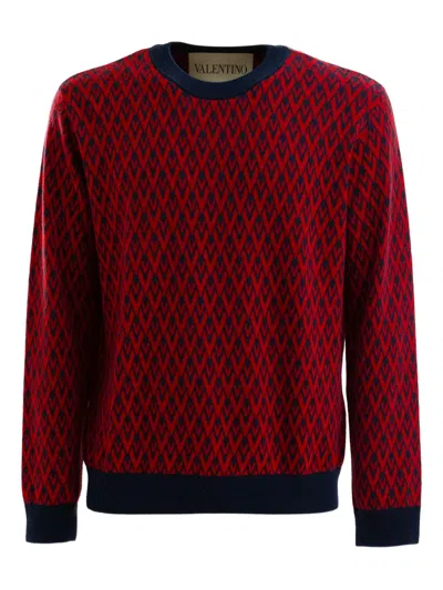 Valentino Jacquard Pattern Crewneck Sweater In Red