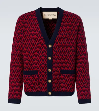 Valentino Toute La V Virgin Wool Jacquard Cardigan In Blue