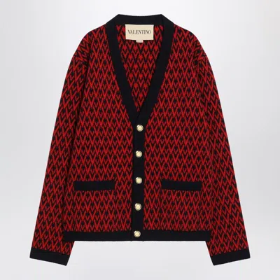 Valentino Toute La V Virgin Wool Jacquard Cardigan In Red