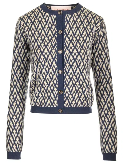 Valentino Garavani Toute La V Jacquard Wool Cardigan In Blue