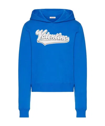 Valentino Towelling Logo-patch Hoodie In Blue
