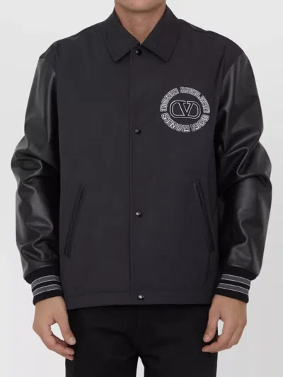 Valentino Track Jacket With Leather Sleeves And Patches In Black