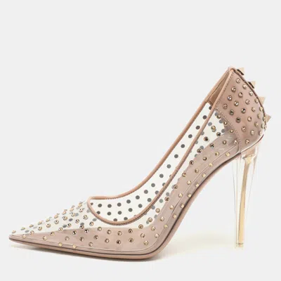 Pre-owned Valentino Garavani Transparent/beige Patent Leather And Pvc Crystal Embellished Rockstud Pumps Size 36.5