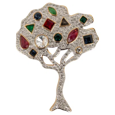 Pre-owned Valentino Garavani Valentino "tree" Brooch In Gold-plated Metal With Rhinestones In Multi
