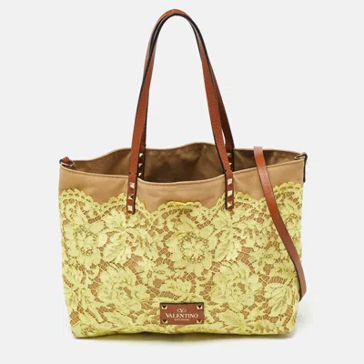 Valentino Garavani Tri Color Glamorous Lace Canvas And Leather Reversible Tote In Brown