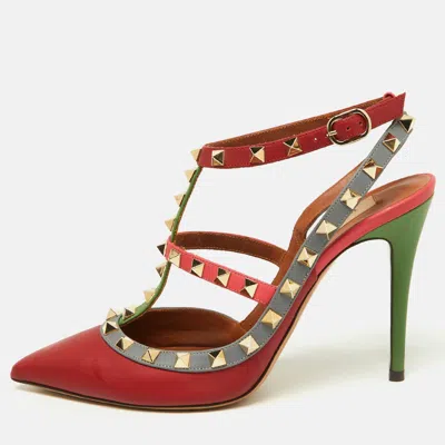 Pre-owned Valentino Garavani Tricolor Leather Rockstud Strappy Pointed Toe Pumps Size 38.5 In Red