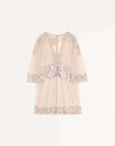 Valentino Tulle Illusione Embroidered Short Dress Woman Pink 42 In Neutral