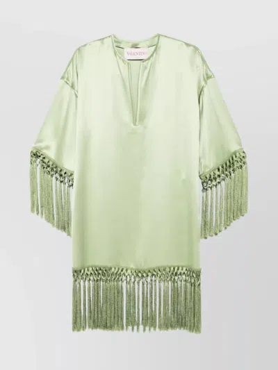 Valentino Tunic Dress In Silk Satin With Fringe In Green