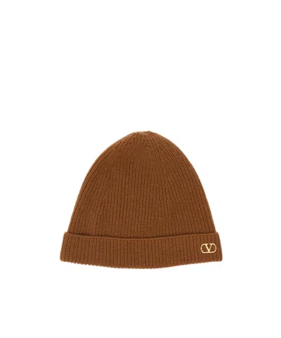 Valentino Garavani Camel Vlogo Signature Cashmere Beanie In Brown