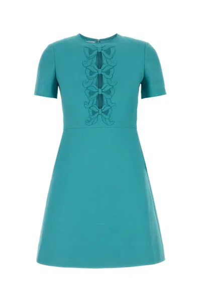 VALENTINO TURQUOISE CREPE COUTURE EMBROIDERED MINI DRESS