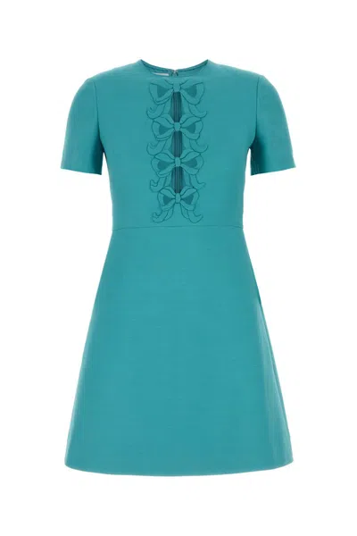 Valentino Wool Blend Dress Embroidered Detail In Blue