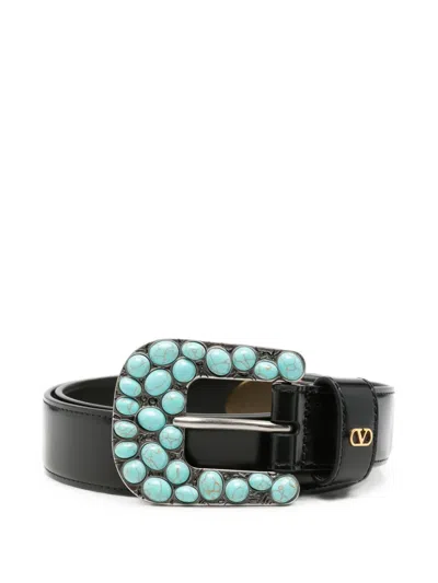 Valentino Garavani Turquoise-embellished Vlogo Belt In Black