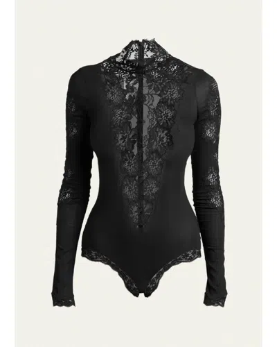 Valentino Turtleneck Lace & Jersey Long-sleeve Bodysuit In Black