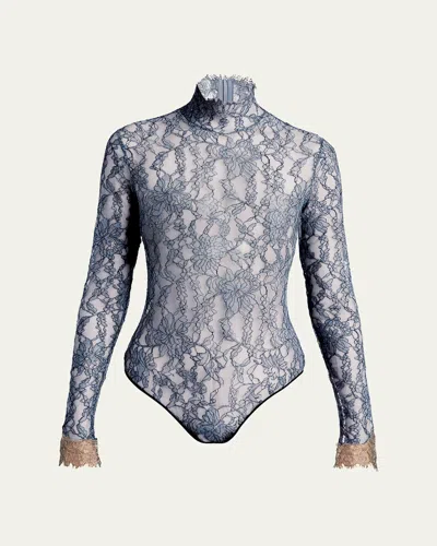 Valentino Turtleneck Lace Long-sleeve Bodysuit In Grey