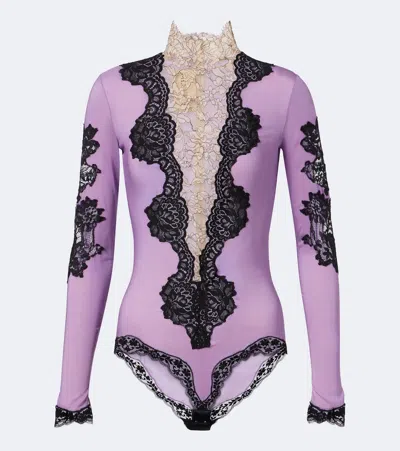 Valentino Turtleneck Lace-trimmed Bodysuit In Purple