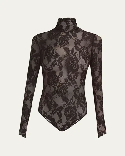 Valentino Turtleneck Long-sleeve Lace Bodysuit In Brown