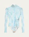 Valentino High Neck Long Sleeve Floral Lace Bodysuit In Blue