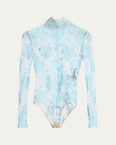 Valentino Turtleneck Long-sleeve Lace Bodysuit In Blue