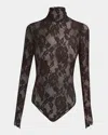 Valentino Turtleneck Long-sleeve Lace Bodysuit In Brown