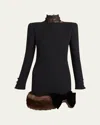 Valentino Long Sleeve Wool Crepe Minidress With Genuine Shearling Trim In Black