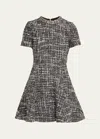 Valentino Tweed Crystal Collar Fit-flare Wool Mini Dress In Black Multi