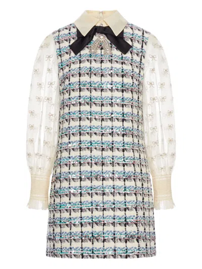 Valentino Tweed Dress With Bow-embellished Sleeves In Blue