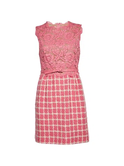 Pre-owned Valentino Tweed Guipure Lace Midi Dress In Pink