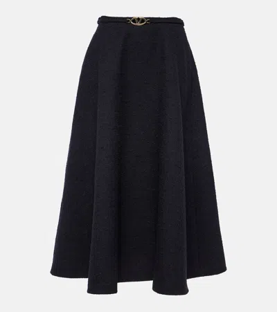 Valentino Embellished Wool And Silk-blend Crepe Midi Skirt In Navy
