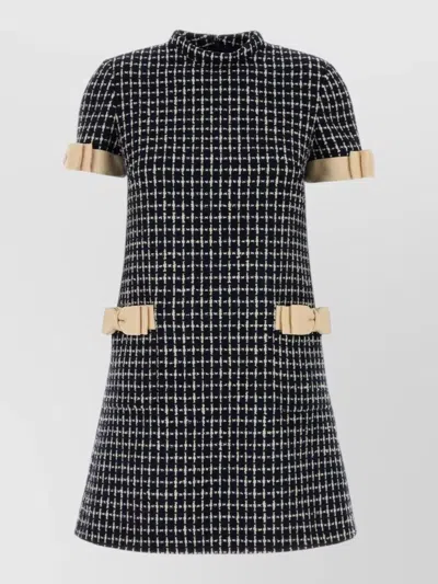 Valentino Tweed Mini Dress Checked Round Neck Bow In Black