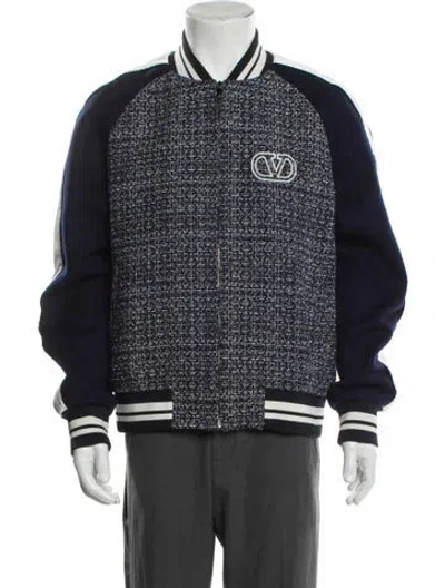 Pre-owned Valentino Tweed Pattern Bomber Jacket In Blue