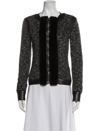 Pre-owned Valentino Tweed Pattern Fur Jacket In Black