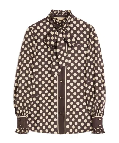 Valentino Twill Shirt With Plus De Pois Print In Brown