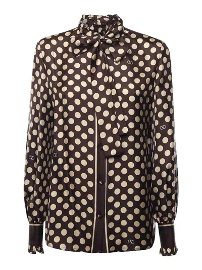 Valentino Twill Shirt With Plus De Polka Dot Print In Brown