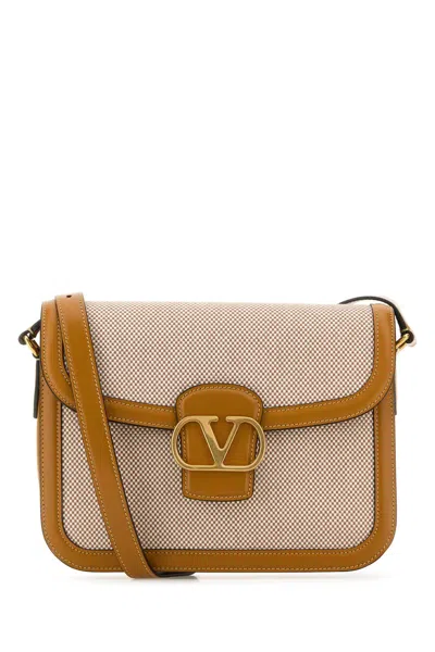 Valentino Garavani Two-tone Canvas And Leather 9to5 Shoulder Bag In Naturaletobaccogoldencuir