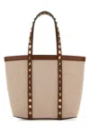 Valentino Two-tone Canvas Medium Rockstud Handbag In Leather Brown